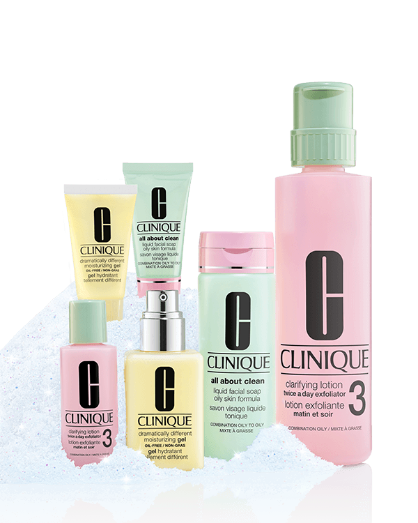 Great Skin Everywhere 3-Step Skincare Set For Oily Skin, Clinique’s three signature steps for glowing skin—one set for home, one for travel. Customized for oilier skin types. A $149.00 value.